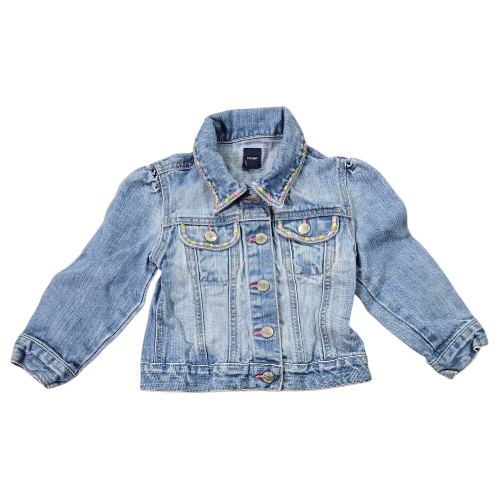 2009 babyGap Girls Sz 100 Denim Jacket Embroidered Puff Sleeve Jean Y2K 3-4T